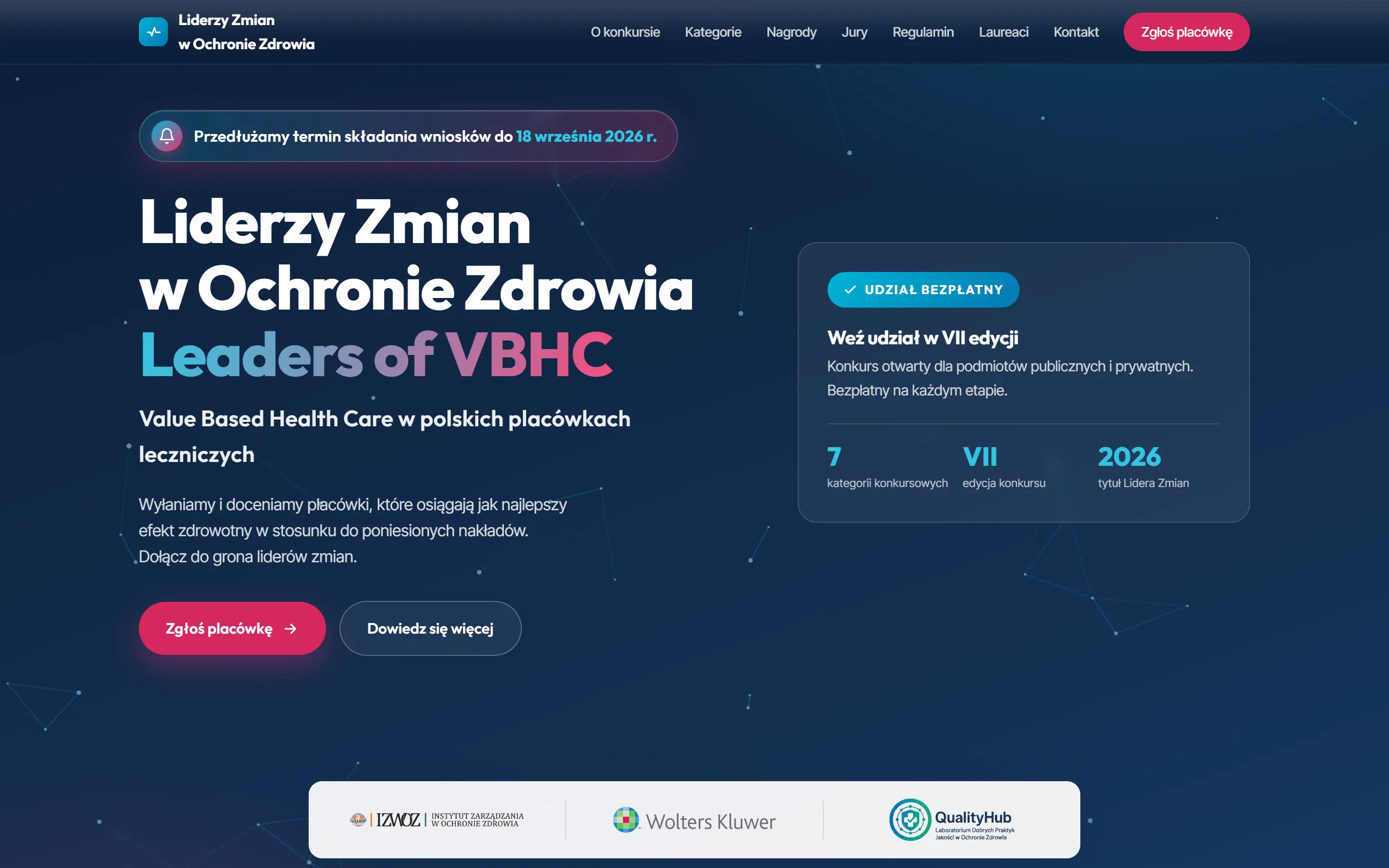 Zrzut ekranu strony konkursu Liderzy Zmian – widok na desktopie