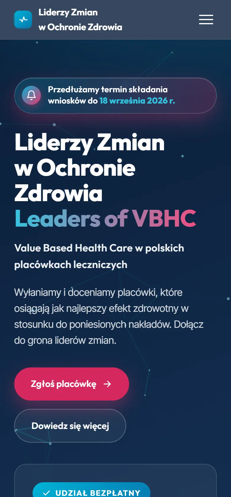 Zrzut ekranu strony konkursu Liderzy Zmian – widok na telefonie
